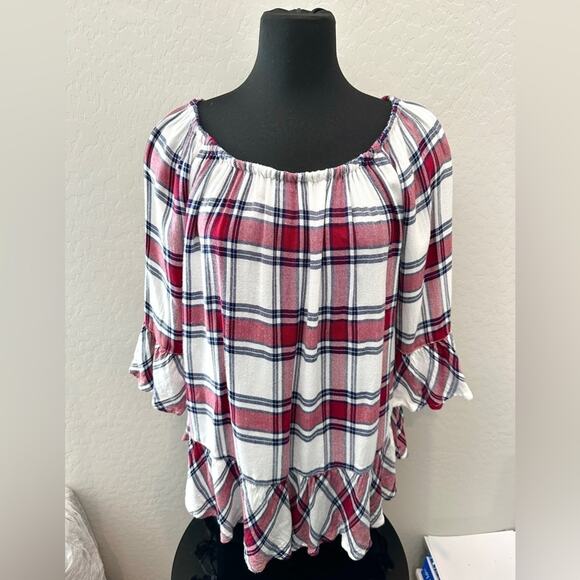 BEACH LUNCH LOUNGE | Red Plaid Ruffle Hem Peasant Top | Size Large - Picture 2 of 6